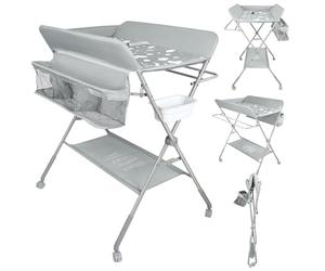 Table à langer pliante, table à langer avec panier de rangement, ceinture de sécurité et 4 roues avec frein, réglable en hauteur，Panier de rangement, dispositif de sécurité, lave-mains-Gris clair