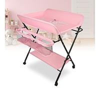 Table a Langer Pliante, Table à langer pliable avec ceinture de sécurité Matelas à langer,Réglable en trois positions 92/95/98cm, motif girafe mignon. (Rose)