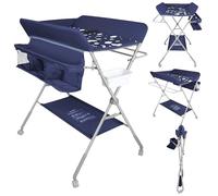 Table a Langer Pliante, Table à Langer Réglable en Hauteur avec Panier de Rangement, Ceinture de Sécurité et 4 Roues avec Frein,Motif nuage, 4 hauteurs réglables 95/97/99/101cm/Bleu marine