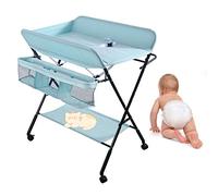 Table à Langer pour Bébé avec 4 roulettes, Table à Langer Pliable, Commode à langer pour bébé, Station à langer pour bébé portable, avec sangle de sécurité et paniers de rangement 80*66*98cm bleu ciel