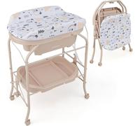 Table à langer pour bébé COSTWAY avec baignoire, table à langer portable avec matelas en PVC, baignoire, compartiment de rangement, station de change pliable avec 4 roues universelles pour nouveau-nés