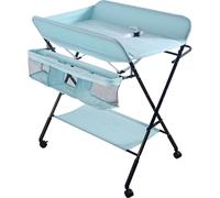 Table à langer pour bébé Mobile pliable Table à langer avec panier de rangement Roues verrouillables Hauteur réglable Bleu ciel