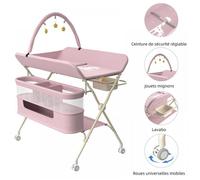 Table à langer protionnelle pliable pour bébé-MENGDA-Avec panier de rangement, étagère à plusieurs niveaux et roulettes-Rose