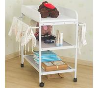 Table à langer, table à langer avec panier de rangement, ceinture de sécurité et 4 roues + 2 étagères(E-84 * 72 * 90cm,Blanc)