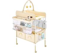 VEVOR Table à Langer Pliable, Plan à Langer 2 Tiroirs en Tissu, Panier Latéral et Tringle de Suspension, Meuble pour Bébé Réglable en Hauteur, avec roulettes Verrouillables et 2 Jouets Étoiles, Beige