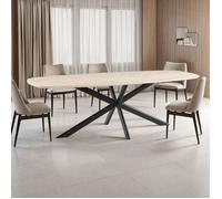 Table à manger 200x100x76 cm en bois effet travertin et pied en métal