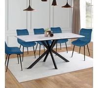 IDMarket – Table à manger Alix 8 pers, pied araignée noir, plateau effet marbre blanc Alaska 160 cm