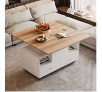 Table à Manger avec Hydraulique, Bureau avec Rallonge Rabattable, Table Basse avec 4 tiroirs et Roulettes, Blanc Chaud, Mate, Noye