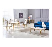 Table à manger BAROQUE 6 à 8 couverts 180x90 cm pieds gold plateau en verre blanc