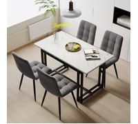 Table À Manger Blanc 120 X 70 cm Avec 4 Chaises En Velours Gris, Table À Pieds En Fer Noir