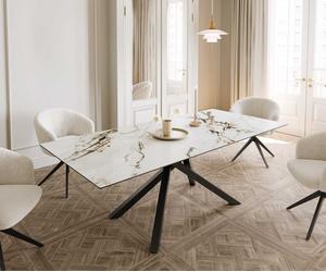 Table à manger Edge 180-220x100 céramique Calacatta Luxe blanc-doré-gris cadre croisé rectangulaire noir extensible