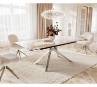 Table à manger Edge 180-220x100 céramique Minas mélange blanc-beige cadre croisé rectangulaire acier inoxydable extensible
