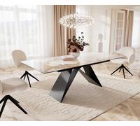 Table à manger Edge 180-220x100 céramique Minas mélange blanc-beige cadre en V acier plat noir extensible