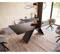 Table à manger Edge 180-220x100 verre fondu noir fumé relief en 3D cadre en V acier plat noir extensible