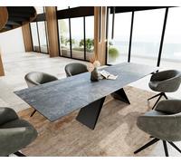 Table à manger Edge 200-300x100 céramique Laminam®Nero Greco gris cadre en V acier plat noir extensible