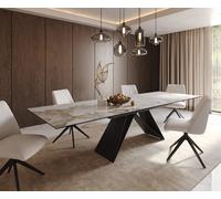 Table à manger Edge 200-300x100 céramique Minas mélange blanc-beige cadre en V acier plat noir extensible