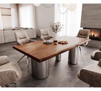 Table à manger Edge 200x100 XL acacia marron Troa acier inoxydable brossé Live-Edge