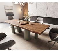 Table à manger Edge 260x100 XL Acacia Marron Pilier Métal finition à effet Titane Live-Edge