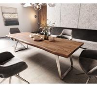 Table-à-manger Edge 260x100cm XL acacia marron acier inoxydable argent incliné Live-Edge