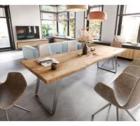 Table-à-manger Edge 260x100cm XL acacia nature acier inoxydable argent incliné Live-Edge