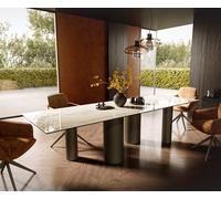 Table à manger Edge 300x100 céramique Laminam® Onice Oro ?Pilier métal effet finition titanee