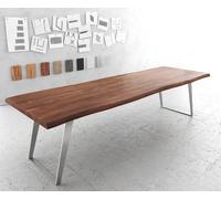 Table-à-manger Edge 300x100cm XL acacia marron acier inoxydable argent incliné Live-Edge