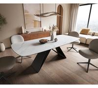 Table à manger Edge Boot 180-220x100 cm Céramique Laminam® Statuarietto Blanc piètement en V Flachstahl Noir extensible