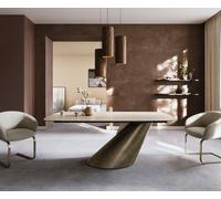 Table à manger Edge Boot 200x100 céramique Laminam® Travertino Bianco crème-blanc Cono métallique doré