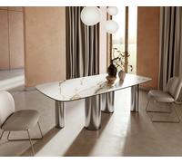 Table à manger Edge Boot 240x120cm céramique Calacatta Luxe blanc-doré-gris Pilier acier inoxydable