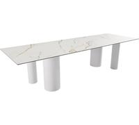 Table à Manger Edge Céramique Calacatta Luxe Blanc-Doré-Gris300x100 Pilier Métal Blanc