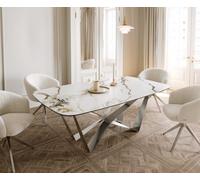 Table à manger Edge en forme de bateau 200x100 céramique Calacatta Luxe blanc-doré-gris Spider acier plat acier inoxydable