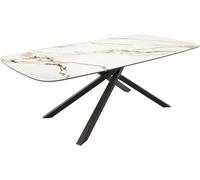 Table à Manger Edge en Forme de Bateau céramique Calacatta Luxe Blanc-doré-Gris 240x120 Cadre croisé rectangulaire Noir