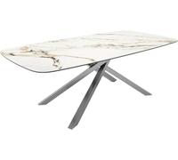 Table à Manger Edge en Forme de Bateau céramique Calacatta Luxe Blanc-doré-Gris 240x120 Cadre croisé rectangulaire Acier Inoxydable