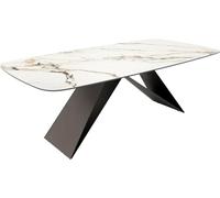 Table à Manger Edge en Forme de Bateau céramique Calacatta Luxe Blanc-doré-Gris 240x120 Cadre en V Acier Plat Noir