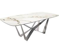 Table à Manger Edge en Forme de Bateau céramique Calacatta Luxe Blanc-doré-Gris 240x120 Spider Acier Plat Acier Inoxydable