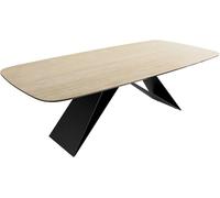 Table à Manger Edge en Forme de Bateau céramique Travertin Nature 240x120 Cadre en V Acier Plat Noir