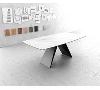 Table-à-manger Edge forme Boot 200x100cm Laminam® céramique blanc V-pieds milieu noir