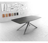 Table-à-manger Edge forme Boot 200x100cm Laminam® céramique marron pieds milieu croisé argent