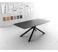 Table-à-manger Edge forme Boot 200x100cm Laminam® céramique marron pieds milieu croisé noir