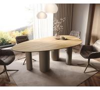 Table à manger Edge Ovale 220x120 Céramique Laminam® Sabbia Couleur chêne Pilier Métal finition à effet Titane