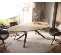 Table à manger Edge Ovale 220x120 Céramique Laminam® Sabbia Couleur chêne Zenthara anguleux Métal finition à effet Titane