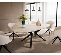Table à manger Edge Ovale 220x120 Céramique Laminam®Travertino Bianco Crème-Blanc? Zenthara anguleux Métal Noir
