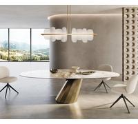 Table à manger Edge ovalee 280x130 céramique Minas mélange blanc-beige parabole métallique doré