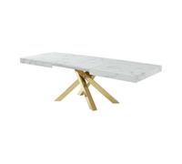 Table à manger extensible 6 à 10 personnes en MDF et métal - Effet marbre blanc et doré - CATONAV