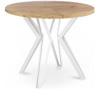 Table à manger extensible - Austin - Ronde - Chêne Craft - Pieds métal blanc - Style industriel - 100-180 x 100 x 76 cm