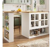 Table a manger extensible avec espace de rangement, Table Bar rotative à 360°avec étagère à collation et 5 étagères, Buffet Salle a Manger Pour cuisines et restaurants (Blanc 138-204x39x102.5 cm)