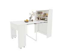Table à manger extensible avec mécanisme télescopique et espaces de rangement, table pliante pour 2 à 3 personnes, table pliante rectangulaire avec étagère et vitrine anti-poussière, table de cuisine