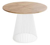 Table à manger extensible - Naro - Ronde - Style loft - Chêne Craft - Pieds métal blanc - 100-180 x 100 x 76 cm