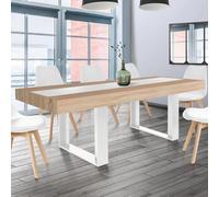 Table à manger extensible rectangle PHOENIX 6-10 personnes bois et blanc bande centrale blanche 160-200 cm