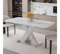 Table a Manger Extensible rectangulaire avec plateau en marbre blanc imprimé et pieds en MDF en forme de X, Table de bar extensible 120 à 160 cm avec base en métal, Pour salon et salle à manger
